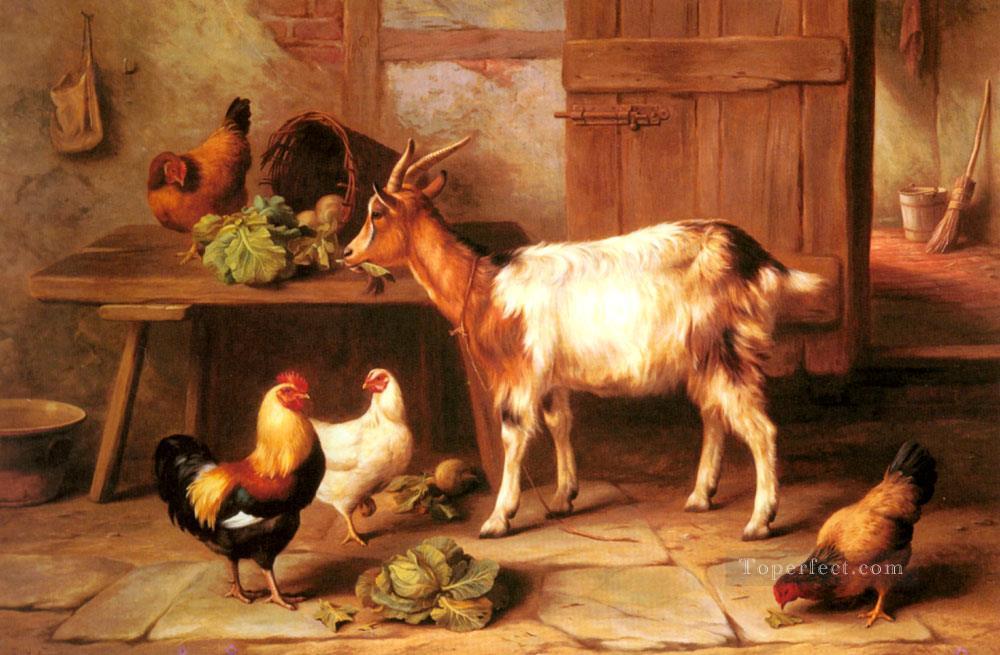 Chèvre et poulets alimentation dans a maison intérieur ferme animaux edgar chasse Peintures à l'huile